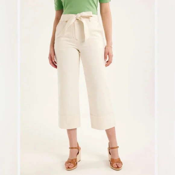 Loft Belted Wide Leg Cropped Pants Beige Size 2 - Picture 1 of 6